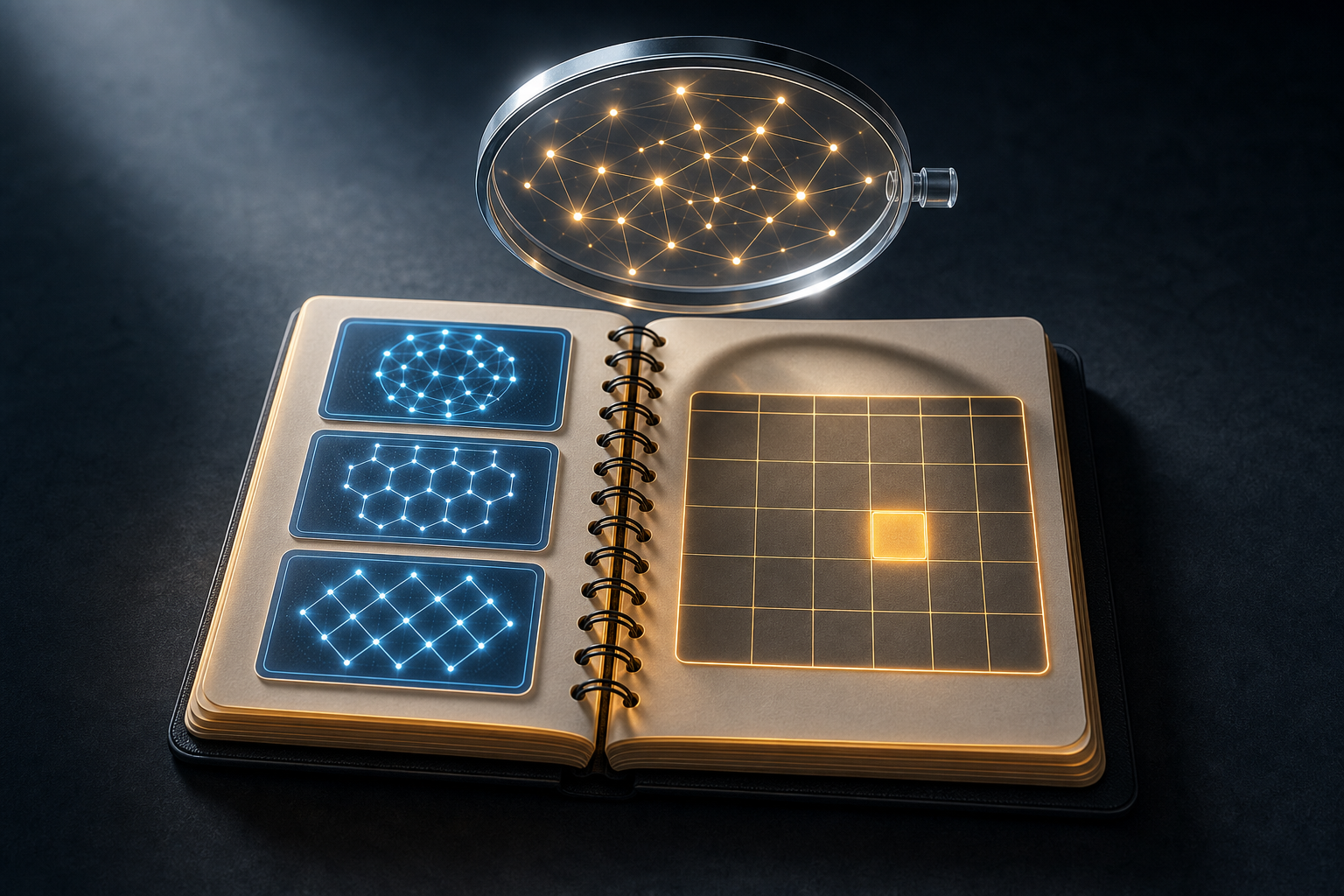 A glowing audit notebook with three luminous AI platform indicators on the left page and an amber-highlighted calendar grid on the right, with a translucent magnifying glass hovering above revealing an abstract citation network