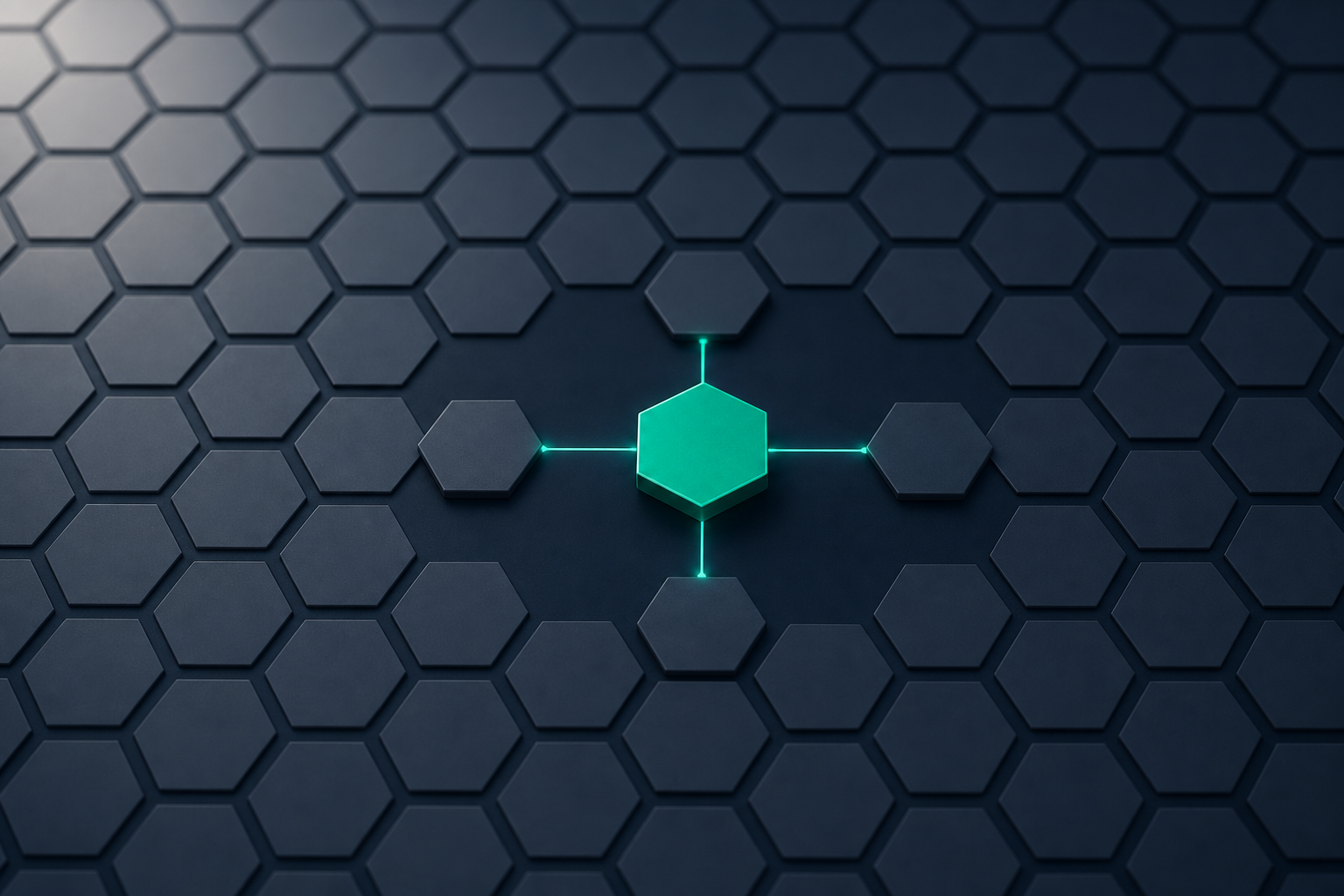 A single illuminated teal hexagon rising above a grid of identical gray hexagons, connected by glowing lines to neighboring nodes, representing a verified business entity distinguished from generic competitors in AI search
