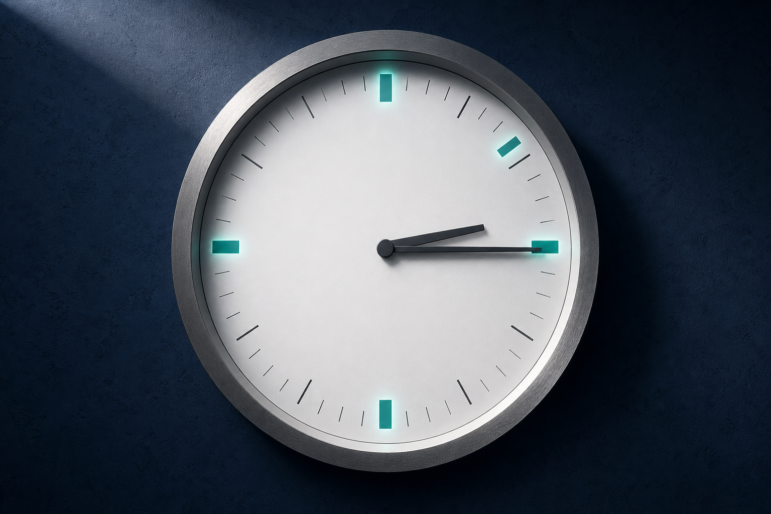 A textured analog clock face overlaid with geometric teal-green milestone markers at structured intervals, set against a deep navy background, symbolizing a deliberate and measurable AI visibility timeline.