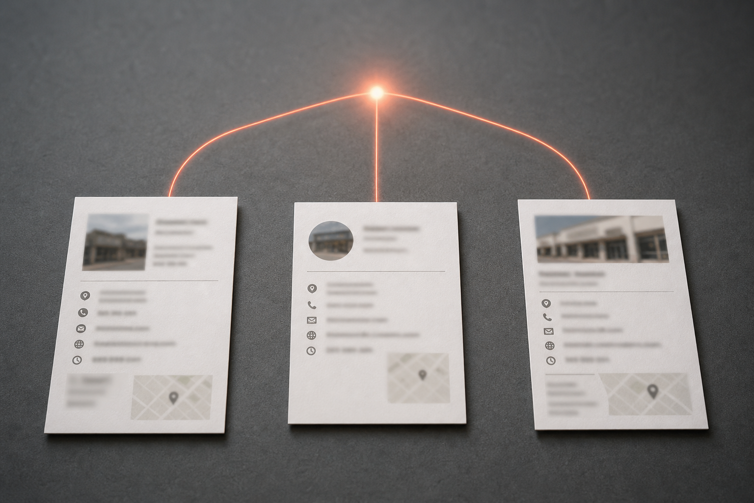Three business listing cards with slightly different formats connected by abstract comparison lines to a central node, representing how inconsistent NAP data fragments a business identity across directories