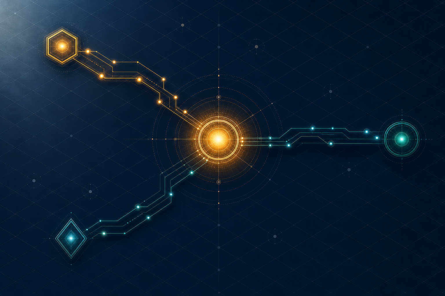 Abstract illustration of three geometric data streams flowing from separate source nodes and converging into a single central glowing point, representing multi-platform review signals consolidating into a unified business entity record for AI citation