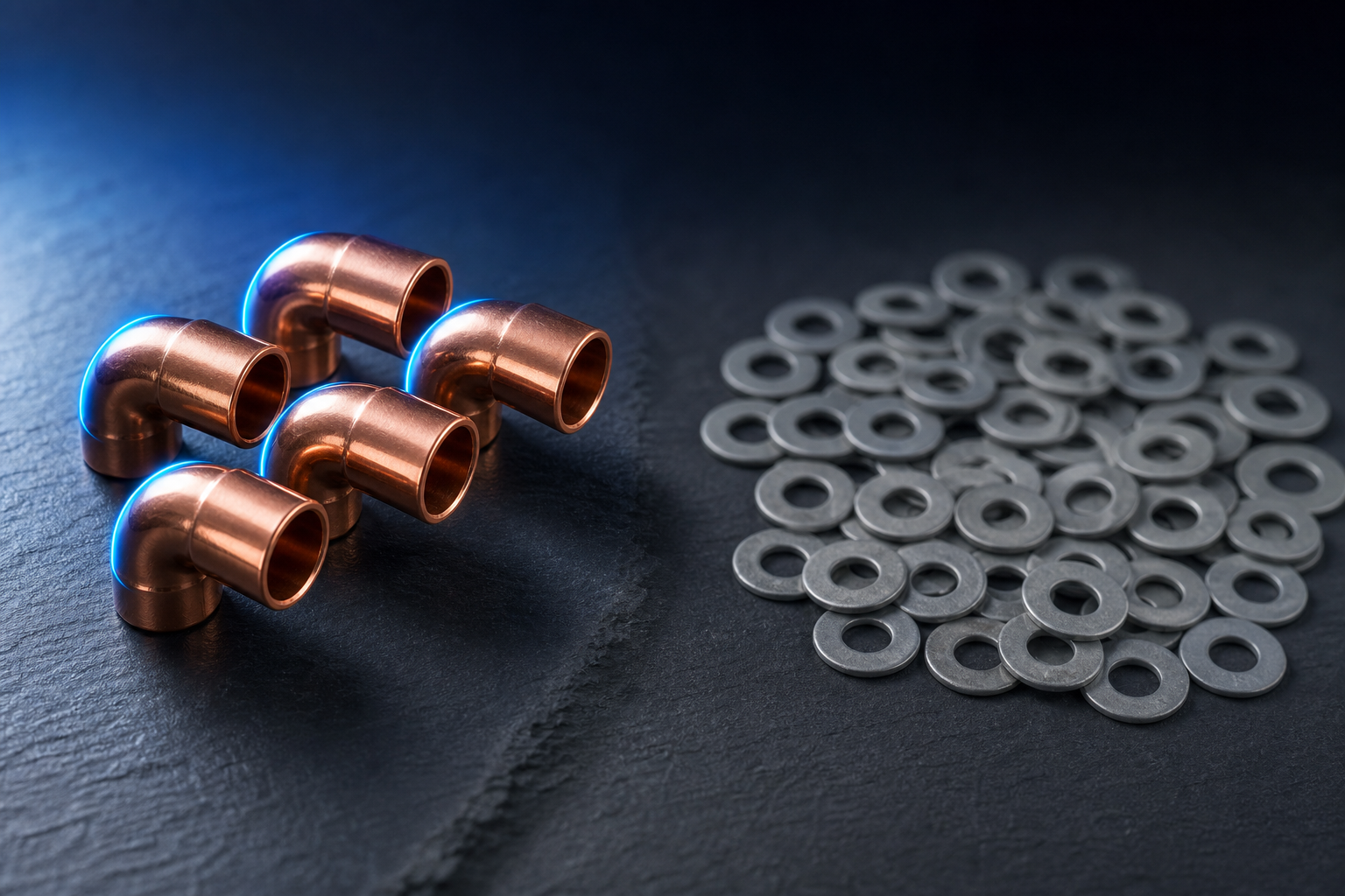 A small cluster of precisely arranged copper fittings glowing with blue light contrasted against a larger pile of dull grey washers, representing the AI search value of specific reviews over generic high-volume feedback