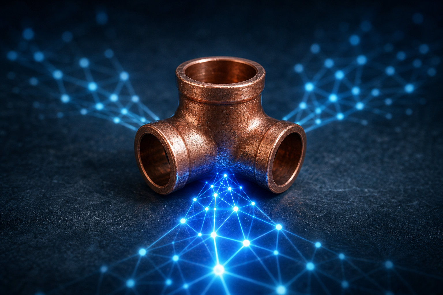 A copper pipe T-junction fitting centered against a deep navy background with electric-blue data network paths branching outward from it, one path glowing more prominently than the others, symbolizing AI selection of a plumbing business.