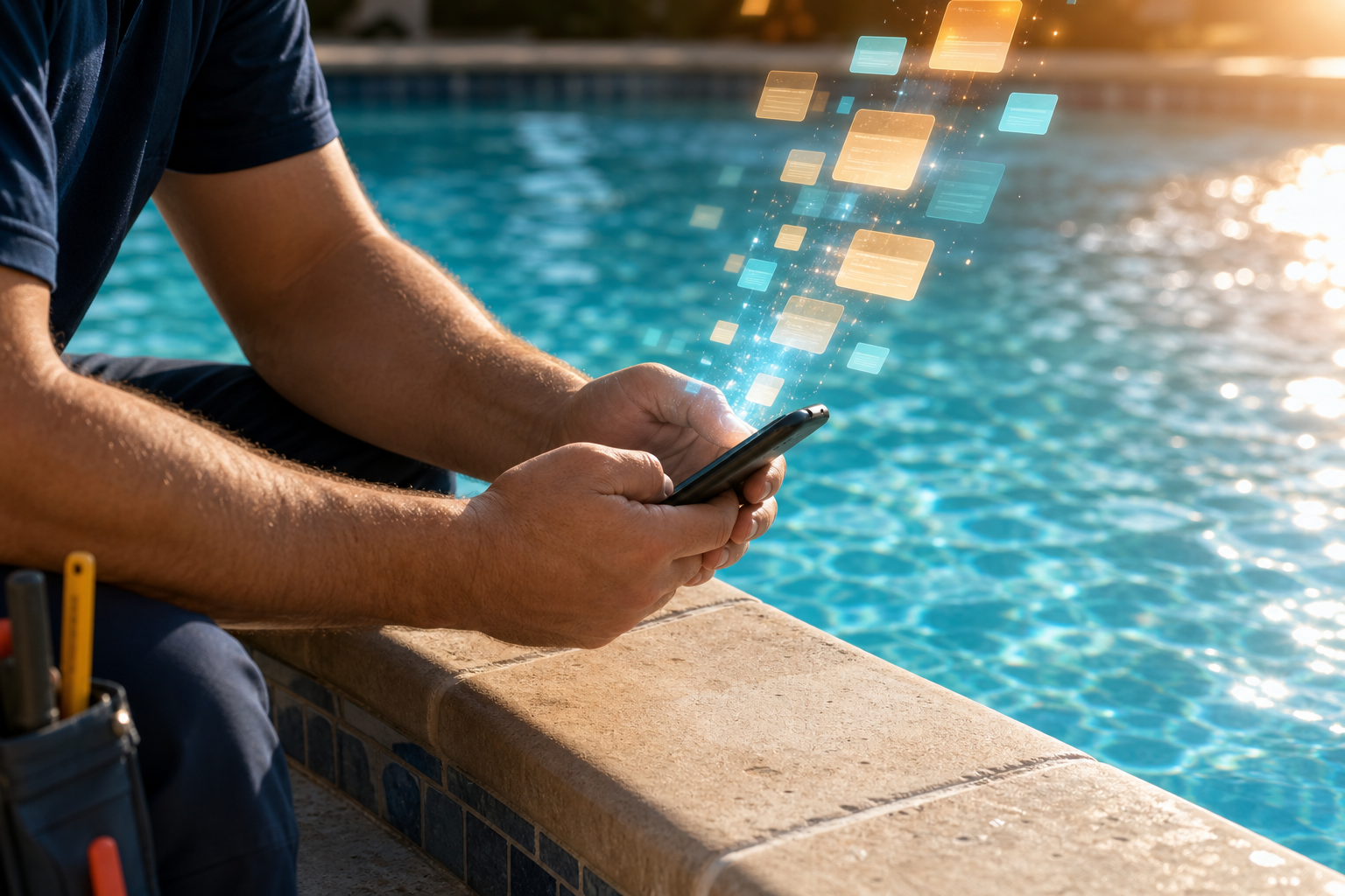 Pool technician's hands holding a smartphone near a sunny pool edge with abstract glowing review-card shapes rising from the screen, representing service-specific review data feeding AI search systems