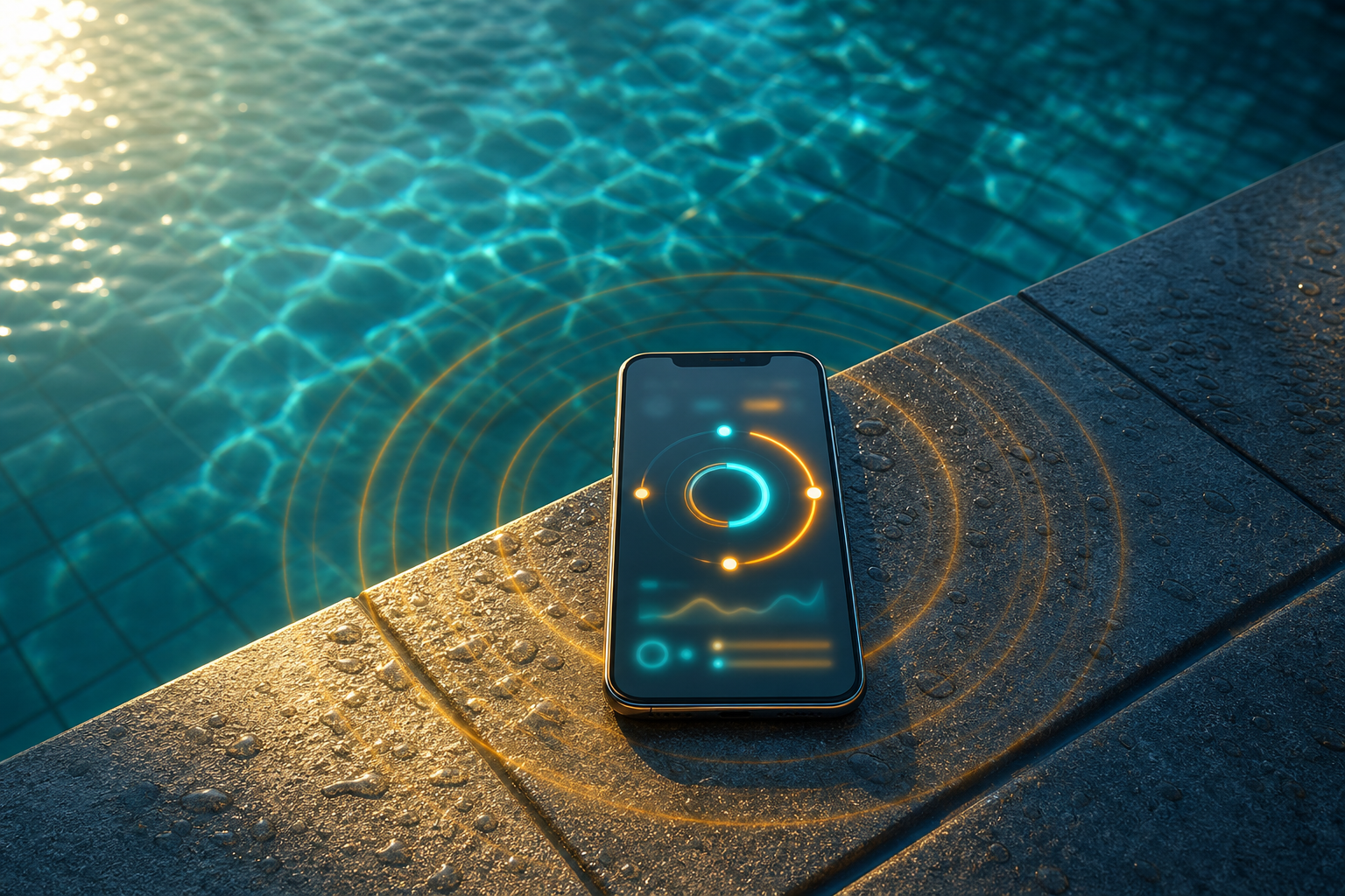 A smartphone displaying a blurred abstract data dashboard glows with amber-gold light on a pool coping stone, with a signal-pulse ripple radiating outward over the aqua water surface below