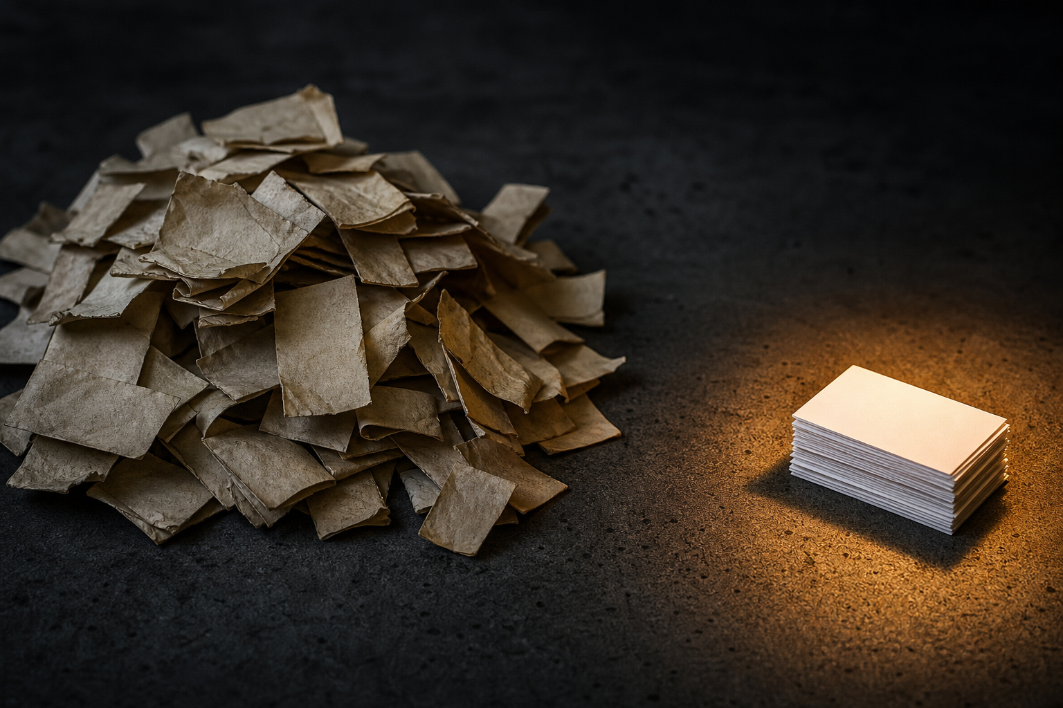 Two contrasting clusters of paper slips on dark concrete — a large faded worn pile in shadow beside a small bright crisp stack in warm light — illustrating that review recency outweighs total volume