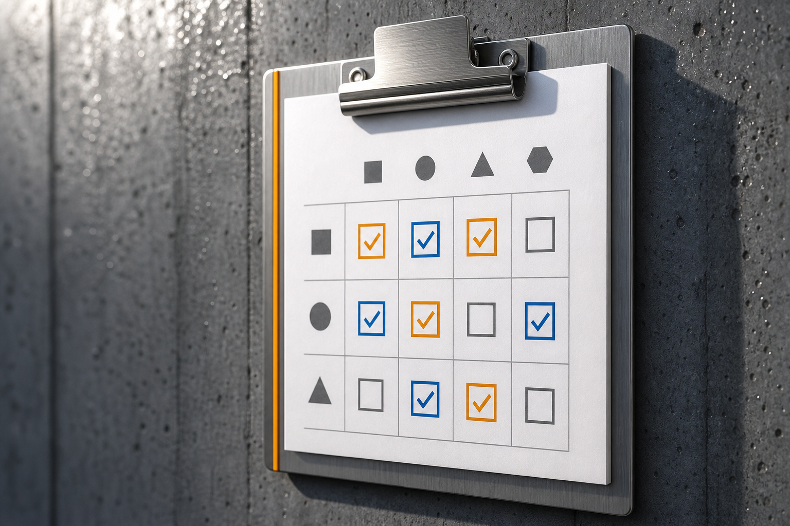An aluminum clipboard with a structured checklist of geometric checkbox symbols mounted against wet concrete, lit with directional natural light and accented with amber, representing a systematic visibility audit process.