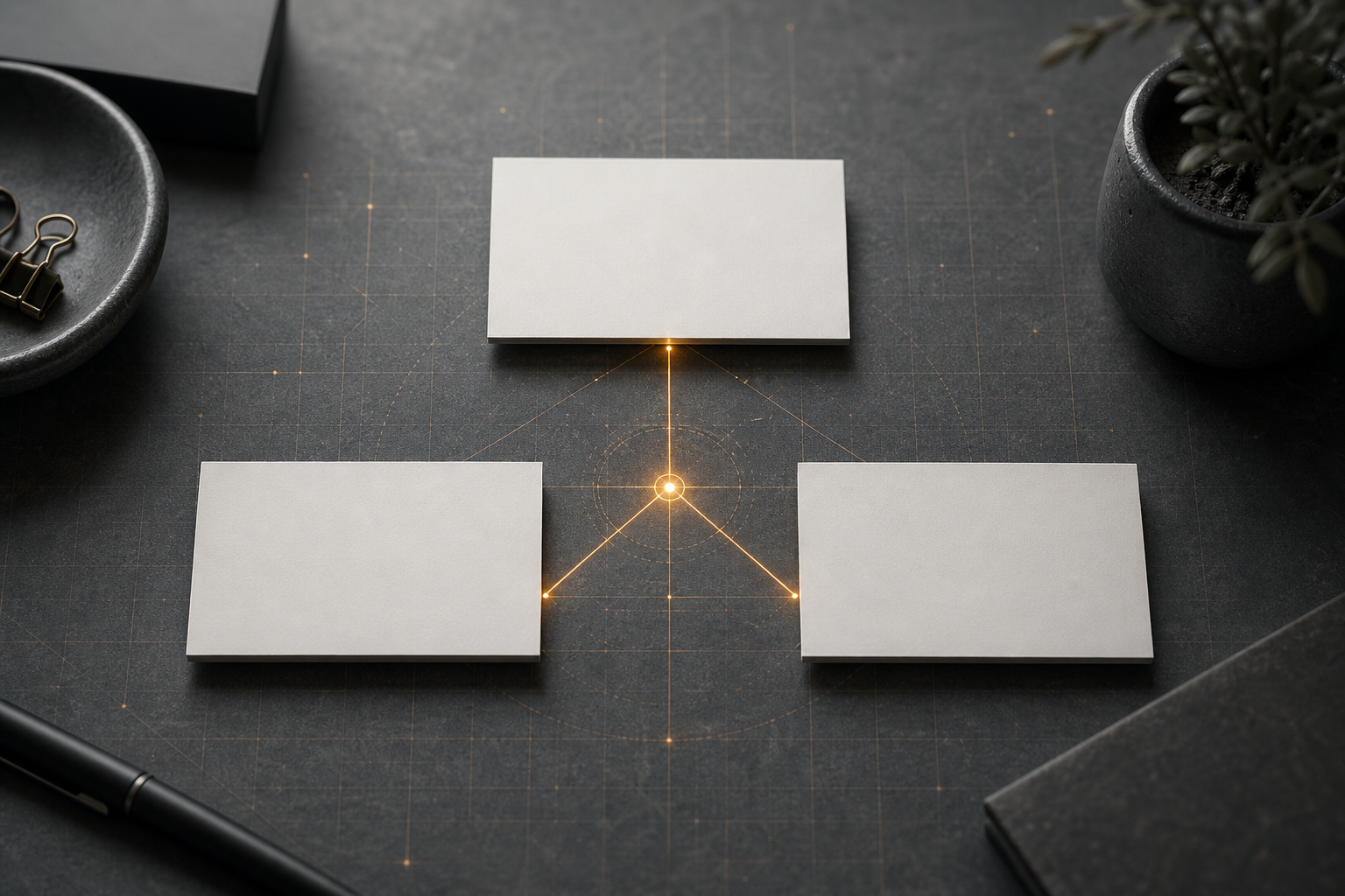Three identical blank business cards arranged in a triangle and connected by glowing amber lines on a slate desk, representing consistent business data across multiple directories