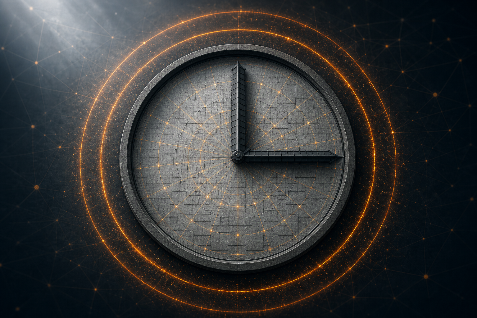 A concrete-textured clock face with roof-ridge hands and glowing amber-orange orbital rings suggesting a 90-day AI optimization timeline, set against deep slate with faint digital network geometry