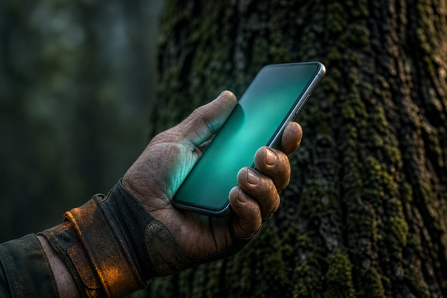 A weathered arborist's gloved hand holds a glowing smartphone against a softly blurred tree trunk background, suggesting digital presence rooted in real-world trade expertise.