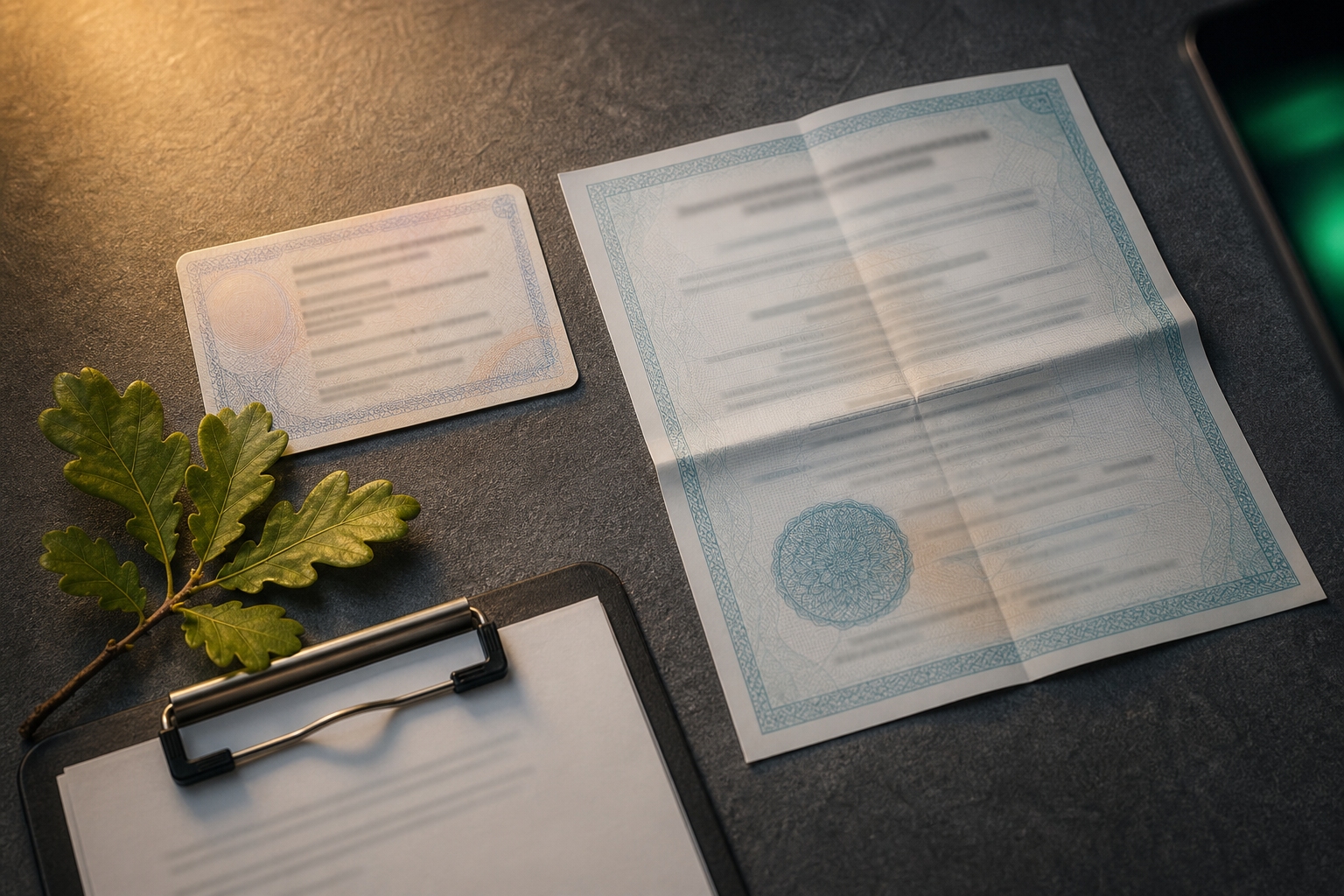 ISA certification card and insurance certificate document arranged on a dark surface with a clipboard, representing the verifiable credentials tree service companies must publish for AI systems to cite