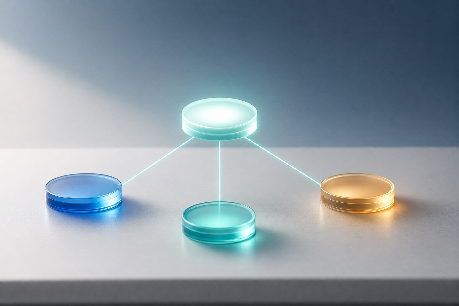 Three glowing platform nodes connected by luminous lines to a single central brand node, representing a window replacement company building a multi-platform review footprint across independent sources
