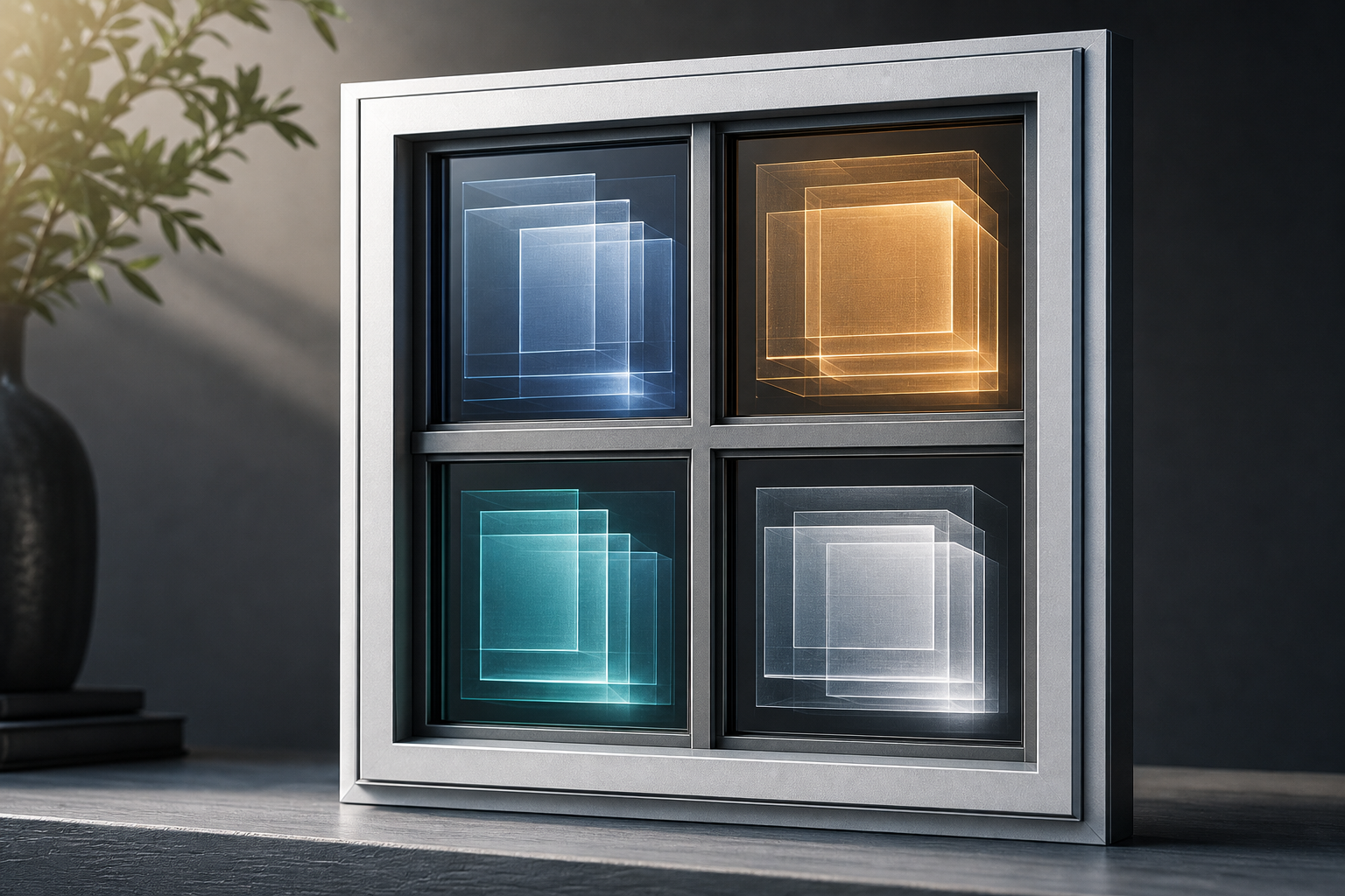 An aluminum window frame containing four glowing translucent geometric panels arranged in a grid, with amber and teal accent lighting, suggesting foundational digital signals for a window replacement business