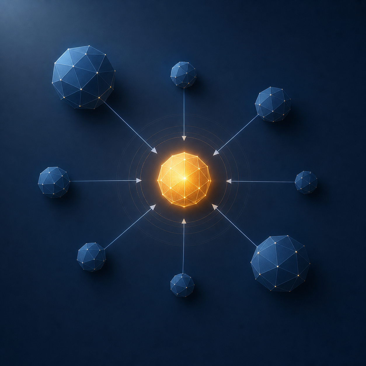 A network diagram of multiple smaller nodes in slate blue connected by directional lines to a single glowing amber central node, representing how AI systems build source trust through corroboration across independent references
